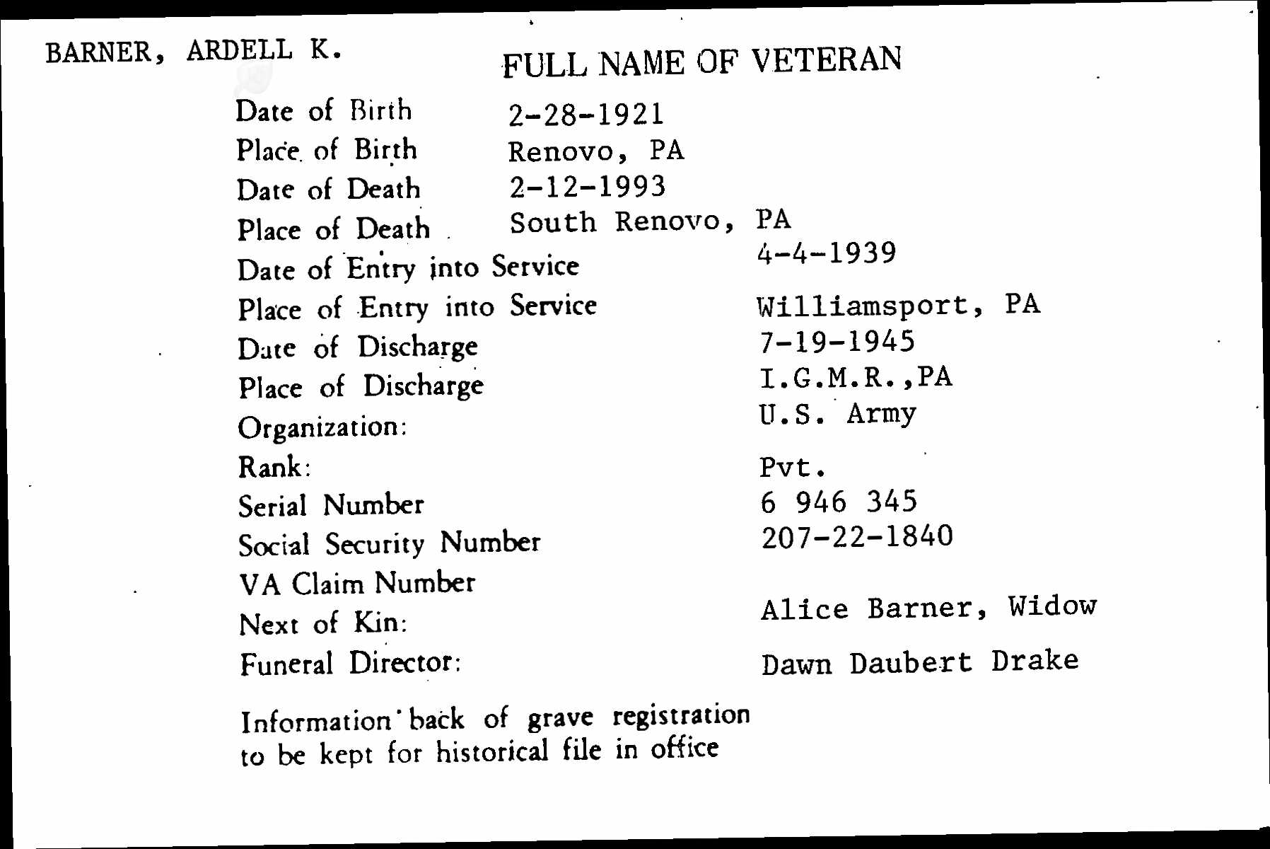 Ardell K. Barner burial card