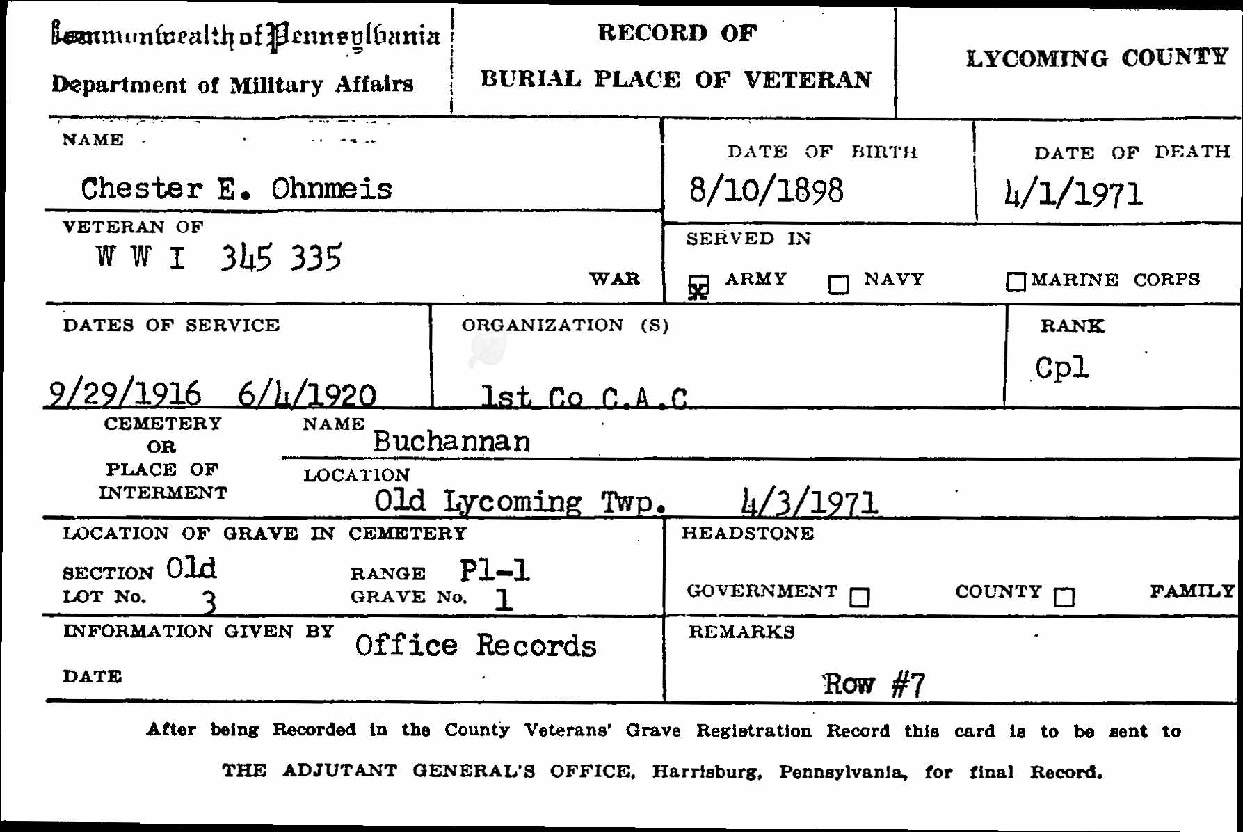 Chester E. Ohnmeiss government death record