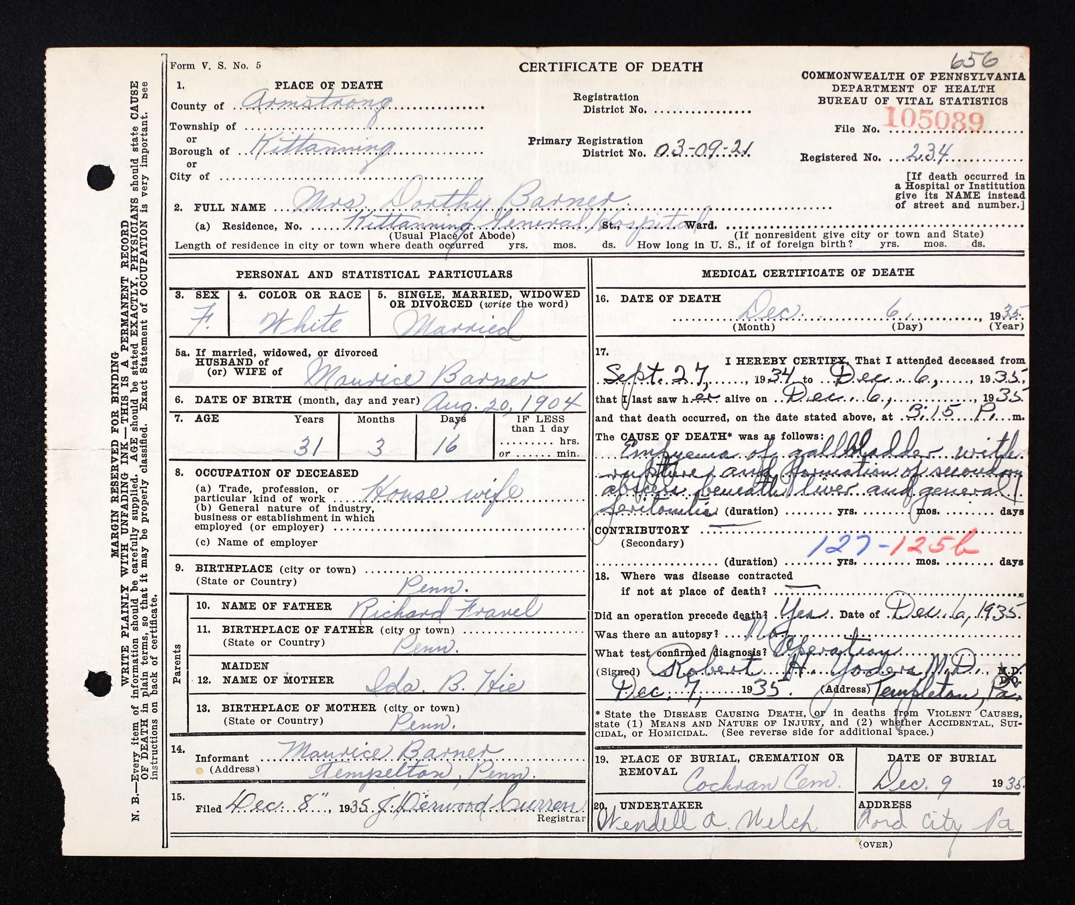 Dorothy Fravel Barner - Death Certificate