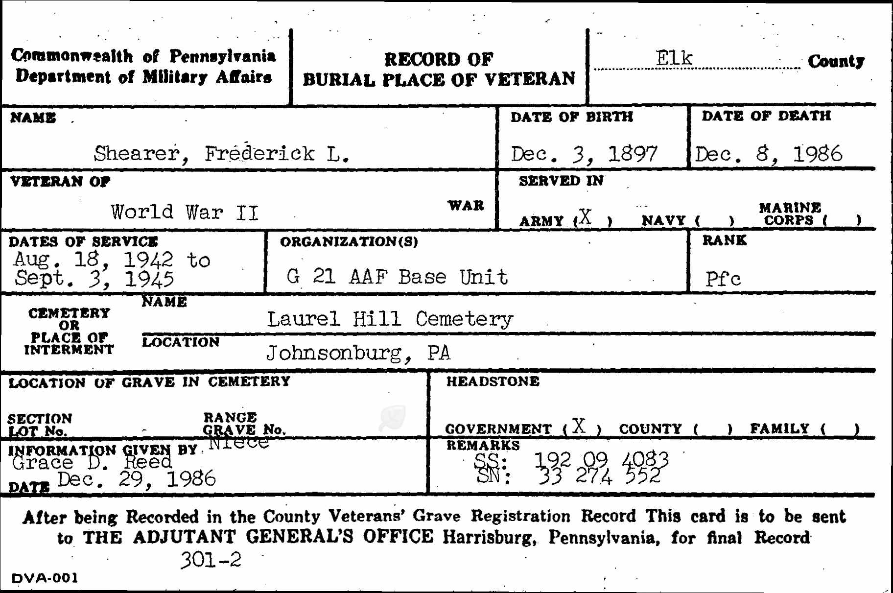 Frederick Louis Shearer, Pennsylvania, Veterans Burial Cards
