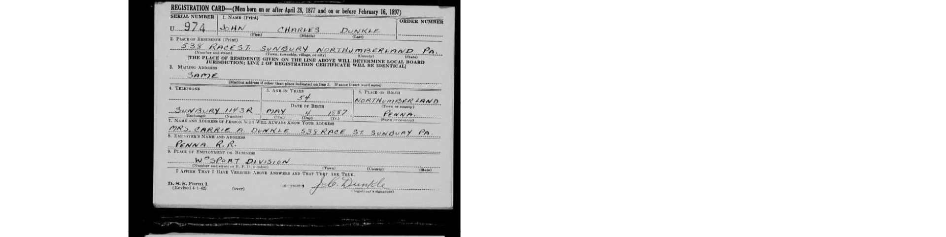 John Charles Dunkle draft registration