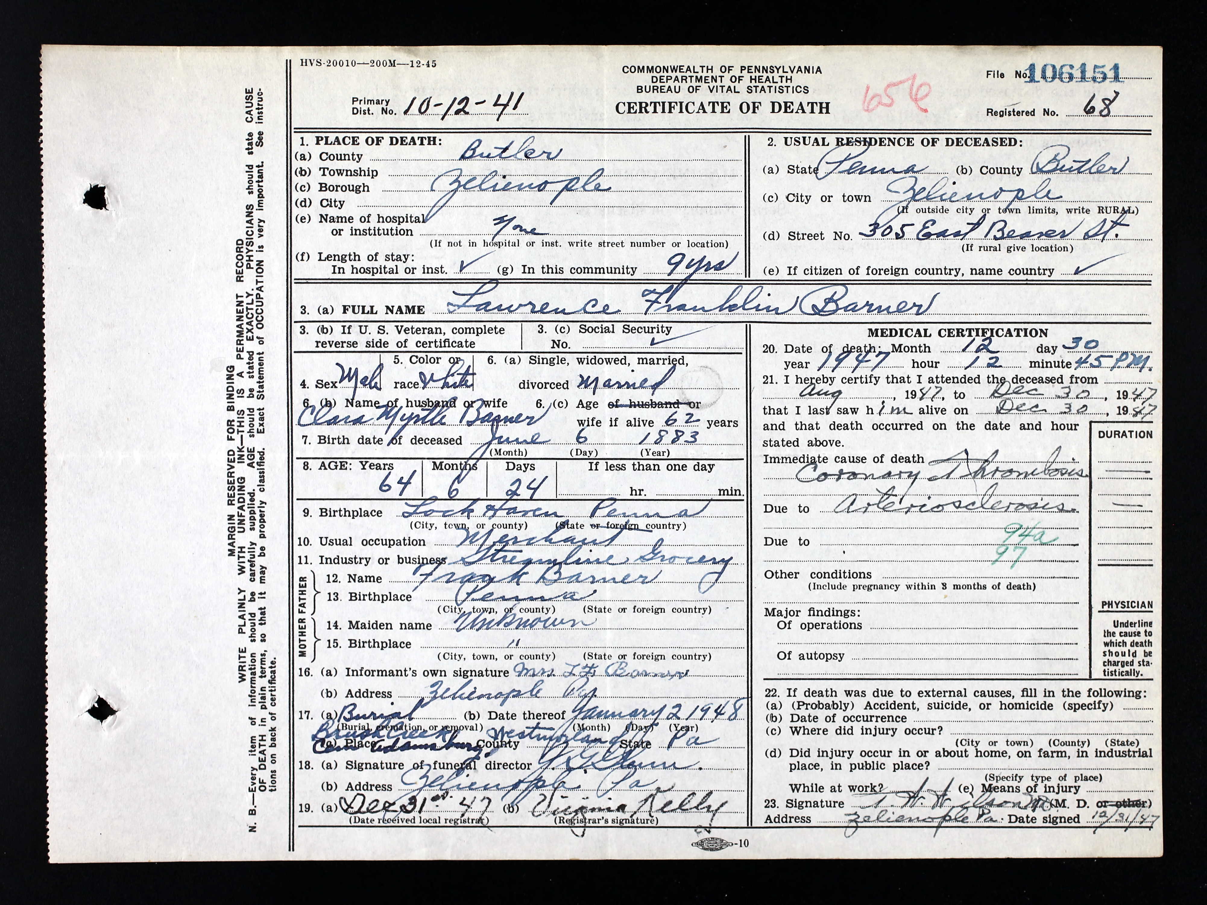 Lawrence Franklin Barner death certificate