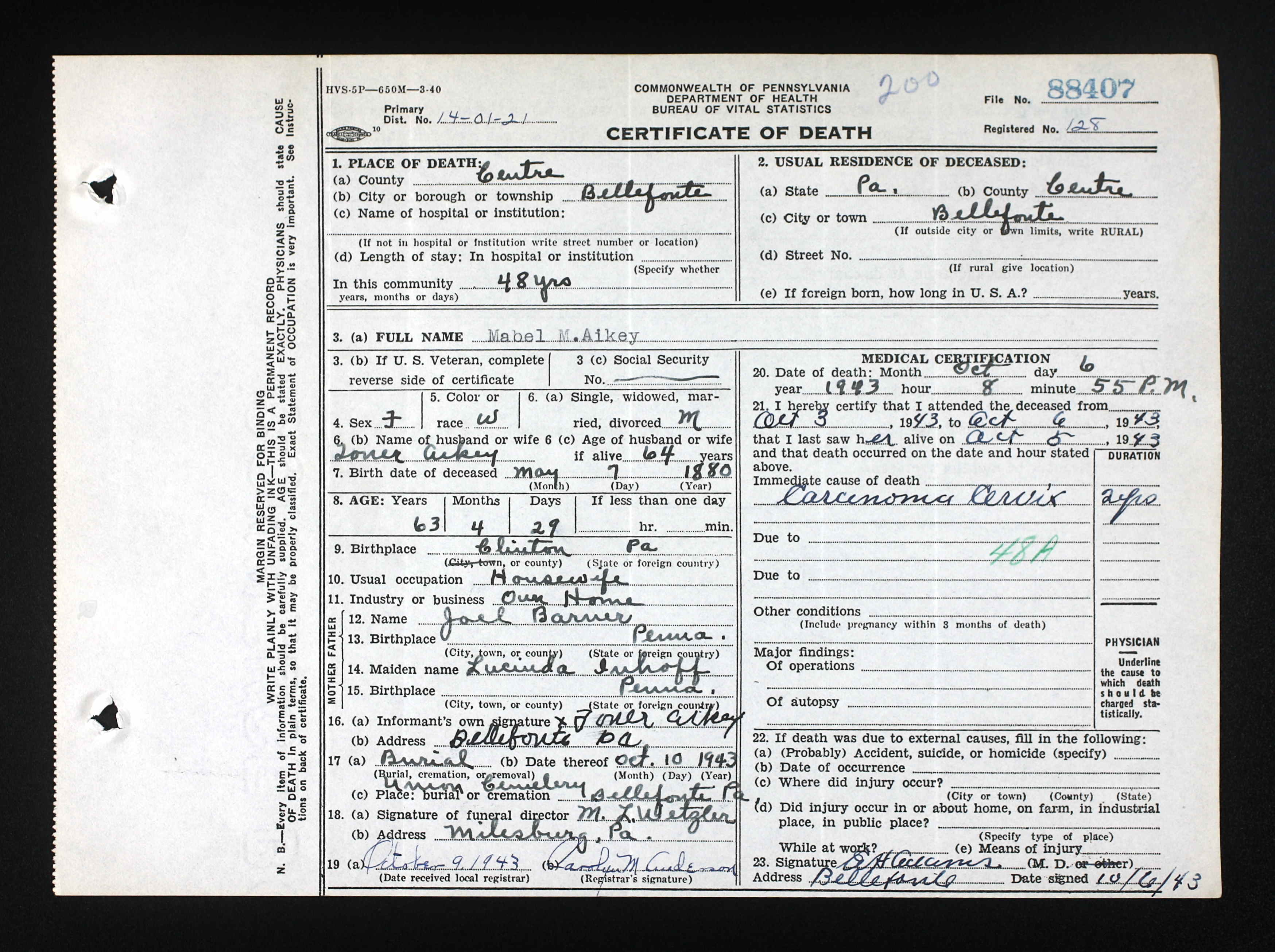 Mabel May Barner Aikey,  Death Certificates