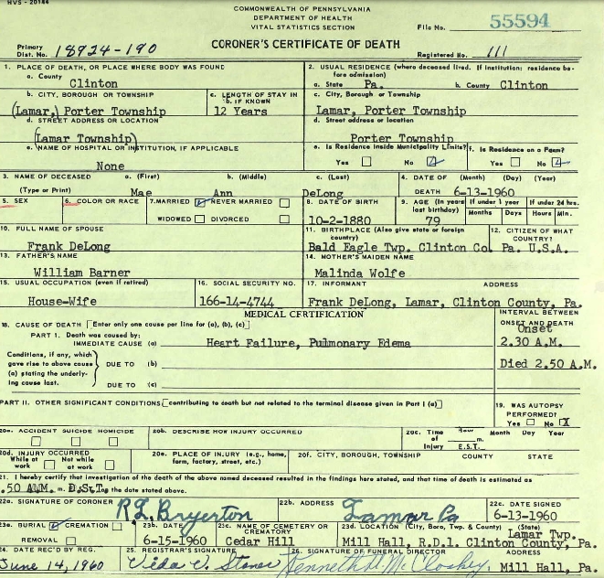 Mae Ann Barner DeLong death certificate