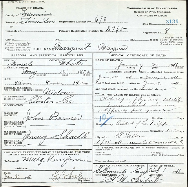 Margaret Barner Wagner Death Certificate