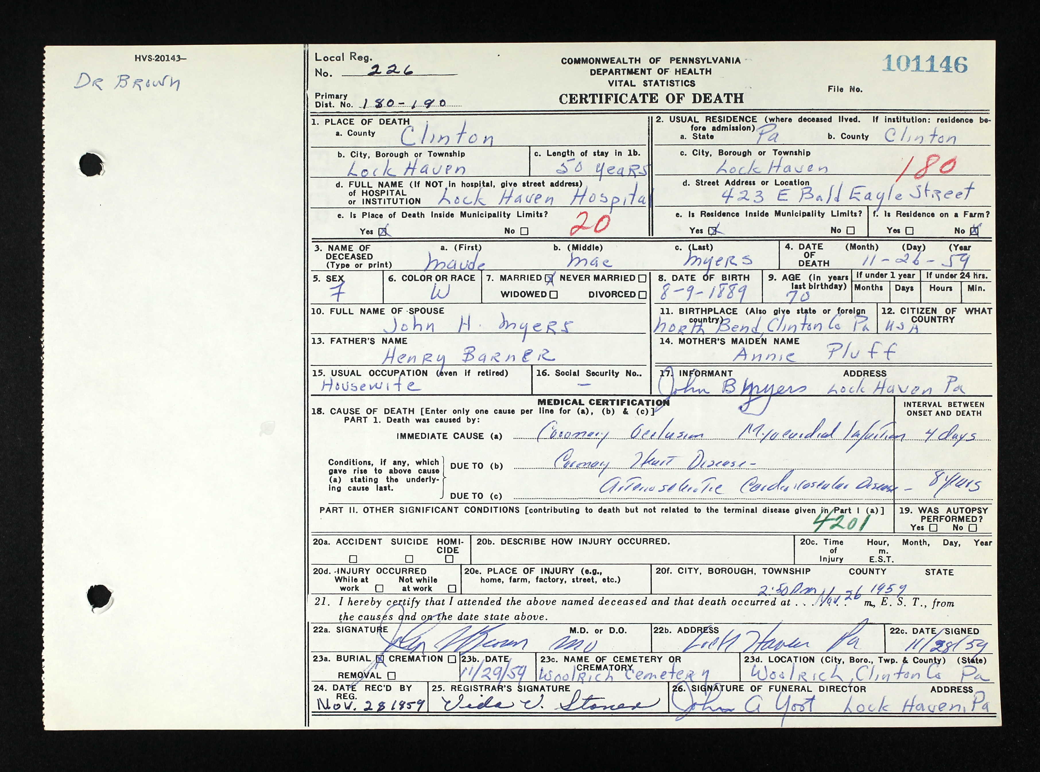 Maude Mae Barner Myers death certificate Maude Mae Barner Myers death certificate