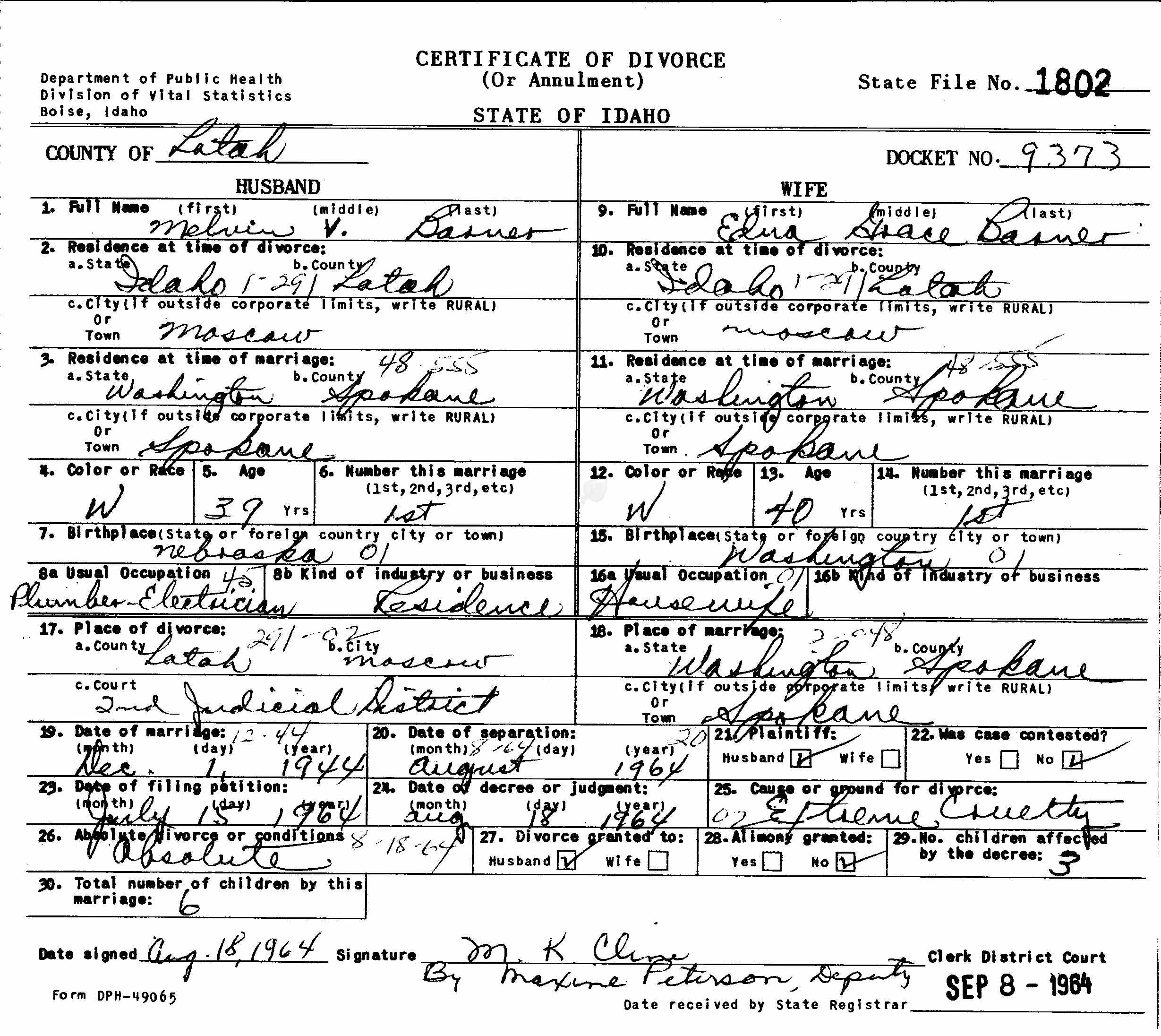 Melvin Vern Barner, Idaho, Divorce Records, 1947-1967