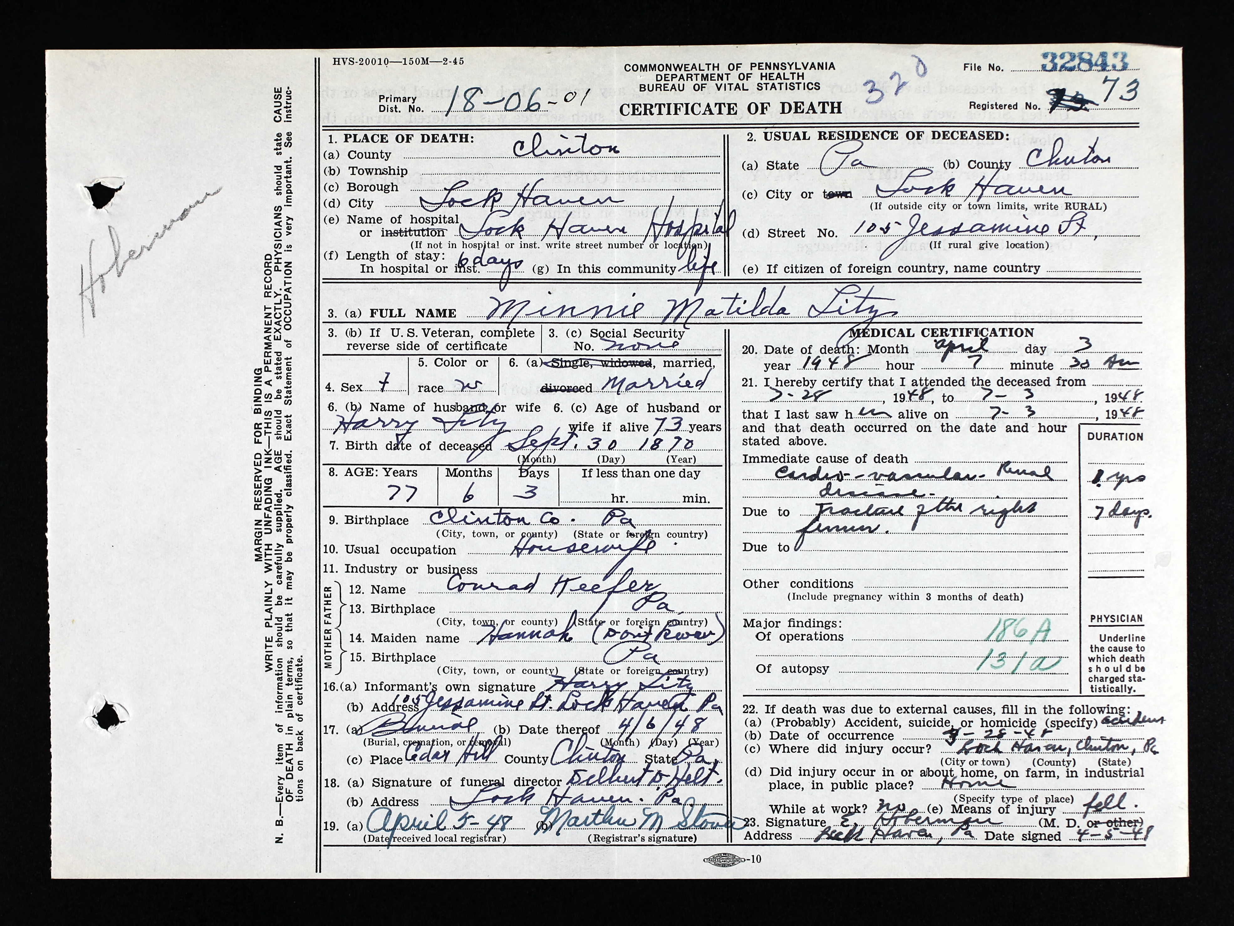 Minnie Matilda Keefer Litz death certificate