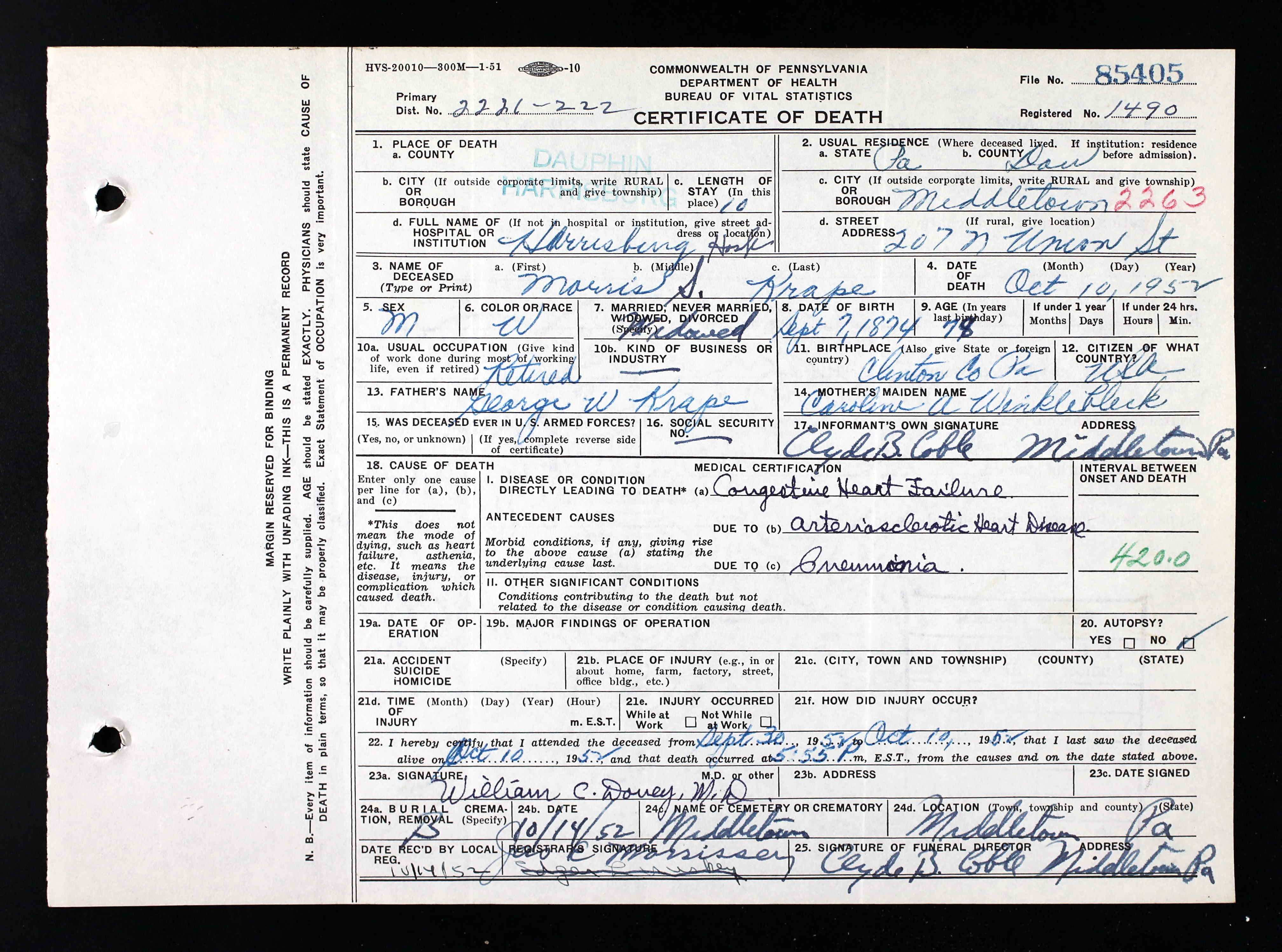 Morris Samuel Krape, Death Certificate