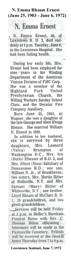 Nora Emma Rheam Ernest obit