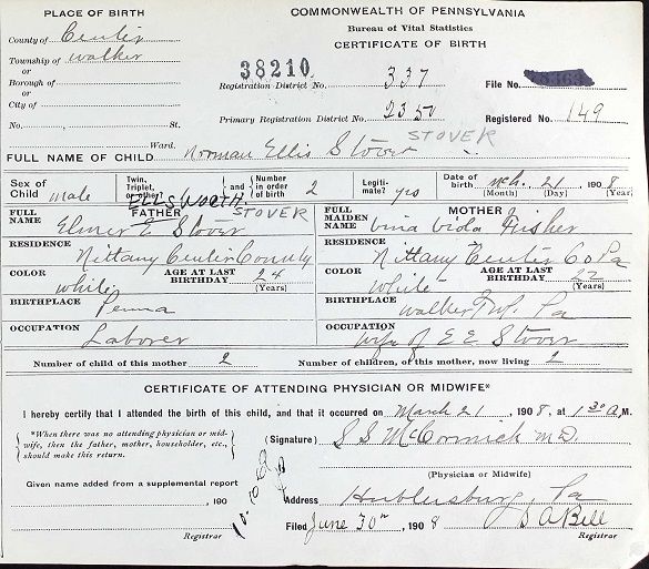 Norman Ellis Stover death certificate