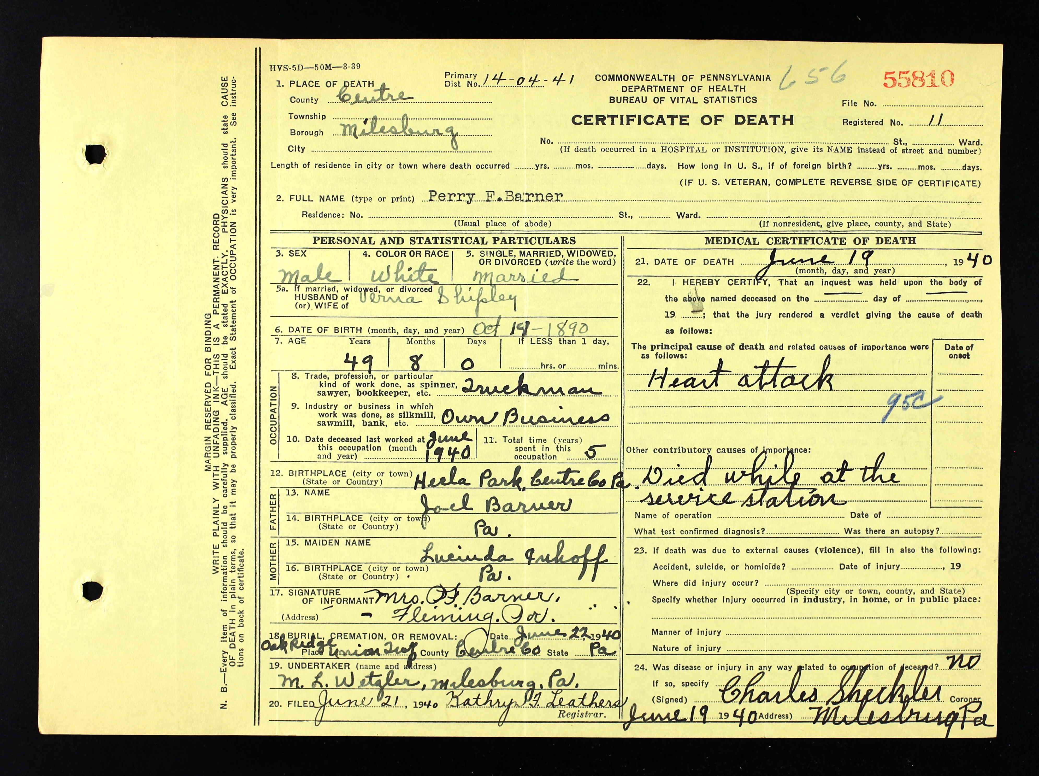 Perry Franklin Barner, Pennsylvania, Death Certificate