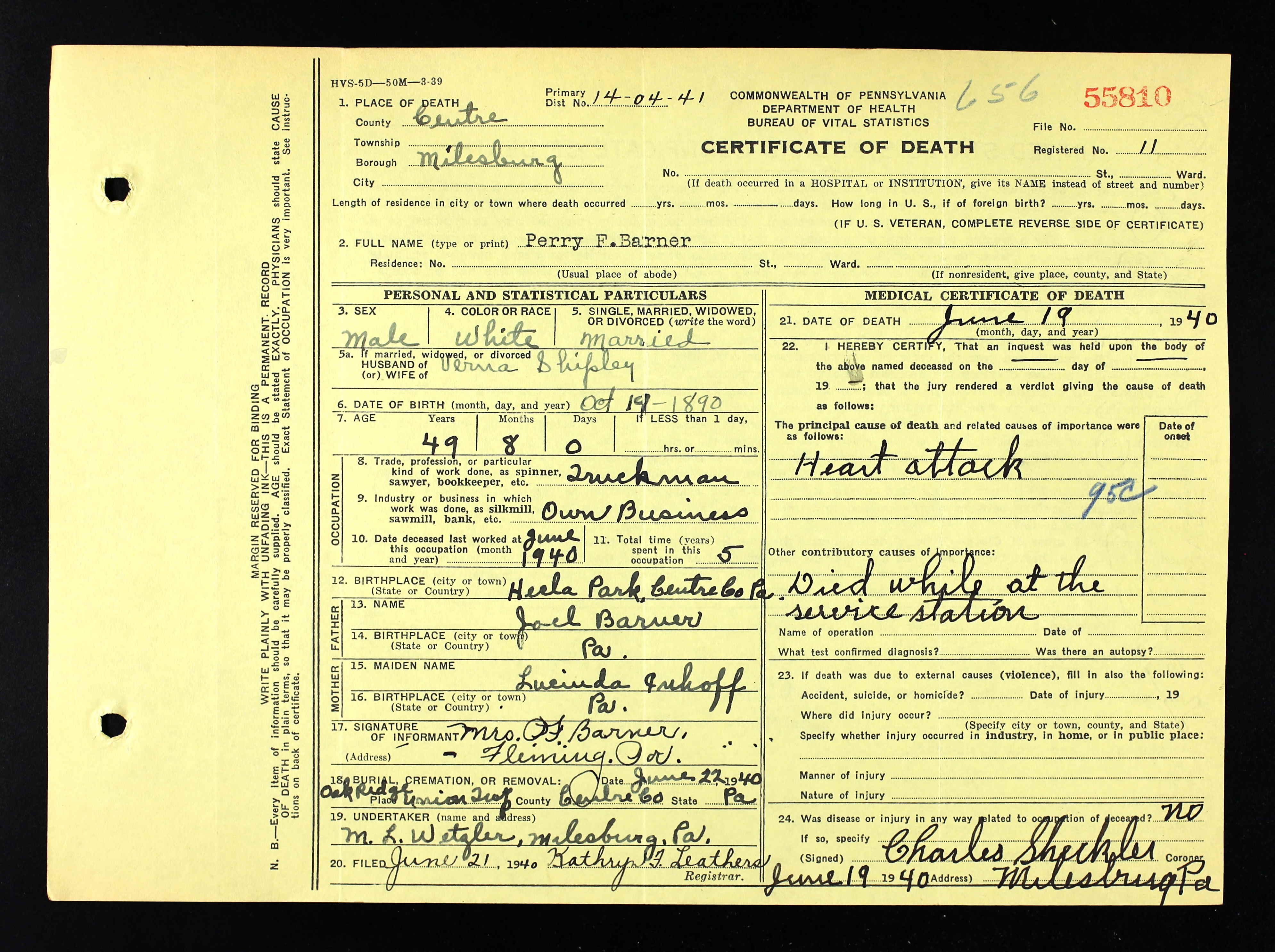 Perry Franklin Barner, Pennsylvania, Death Certificate Perry Franklin Barner, Pennsylvania, Death Certificate