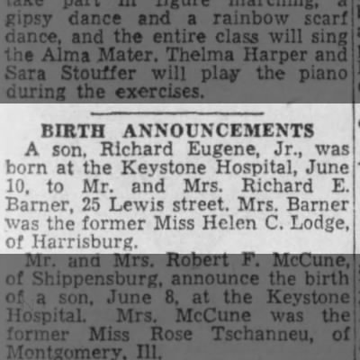 Richard E. Barner, Jr. birth announcement