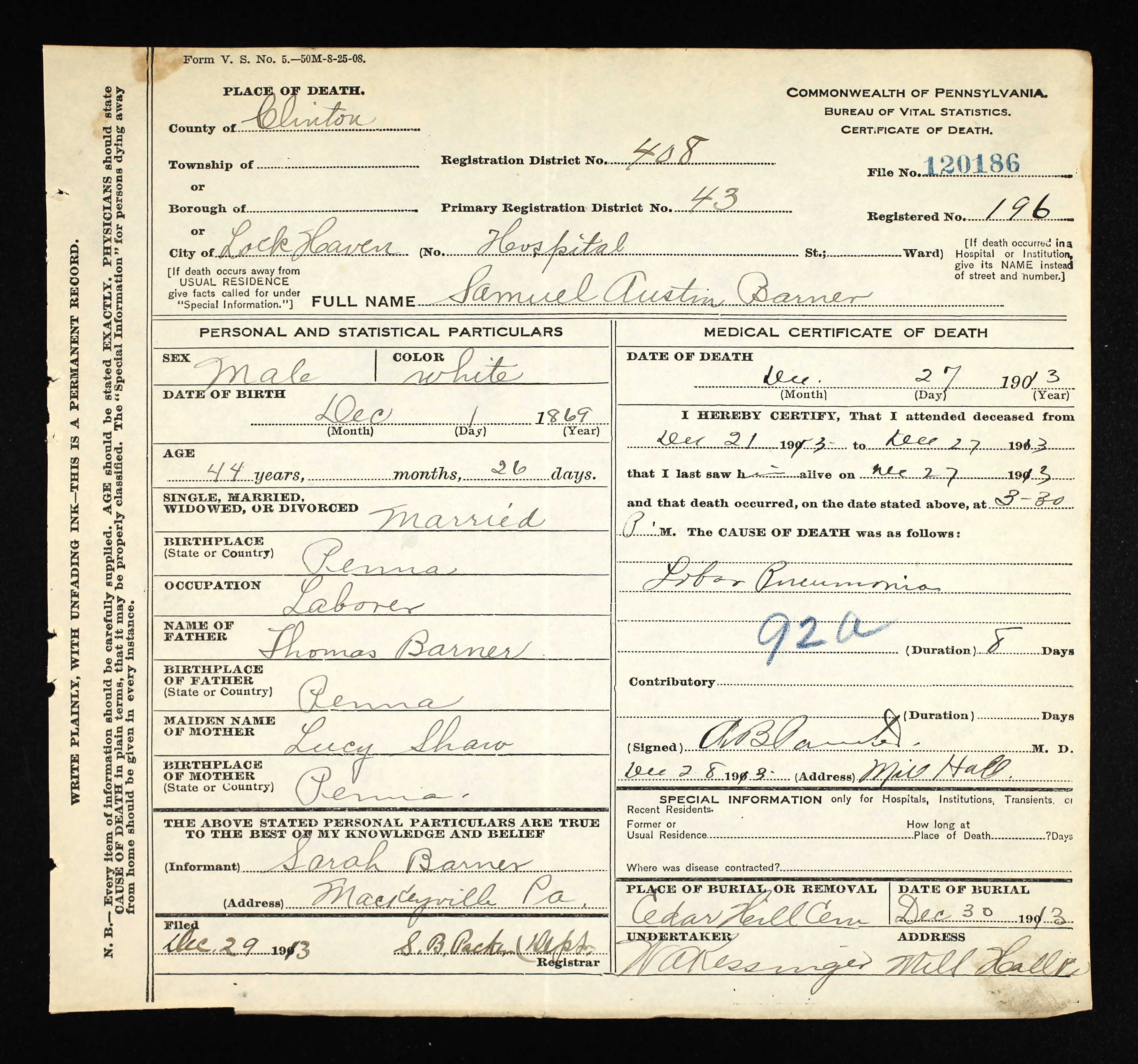 Samuel Austin Barner death certificate