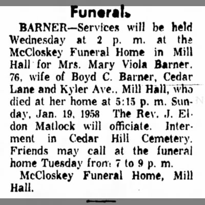 Sarah Viola Dress Barner funeral
