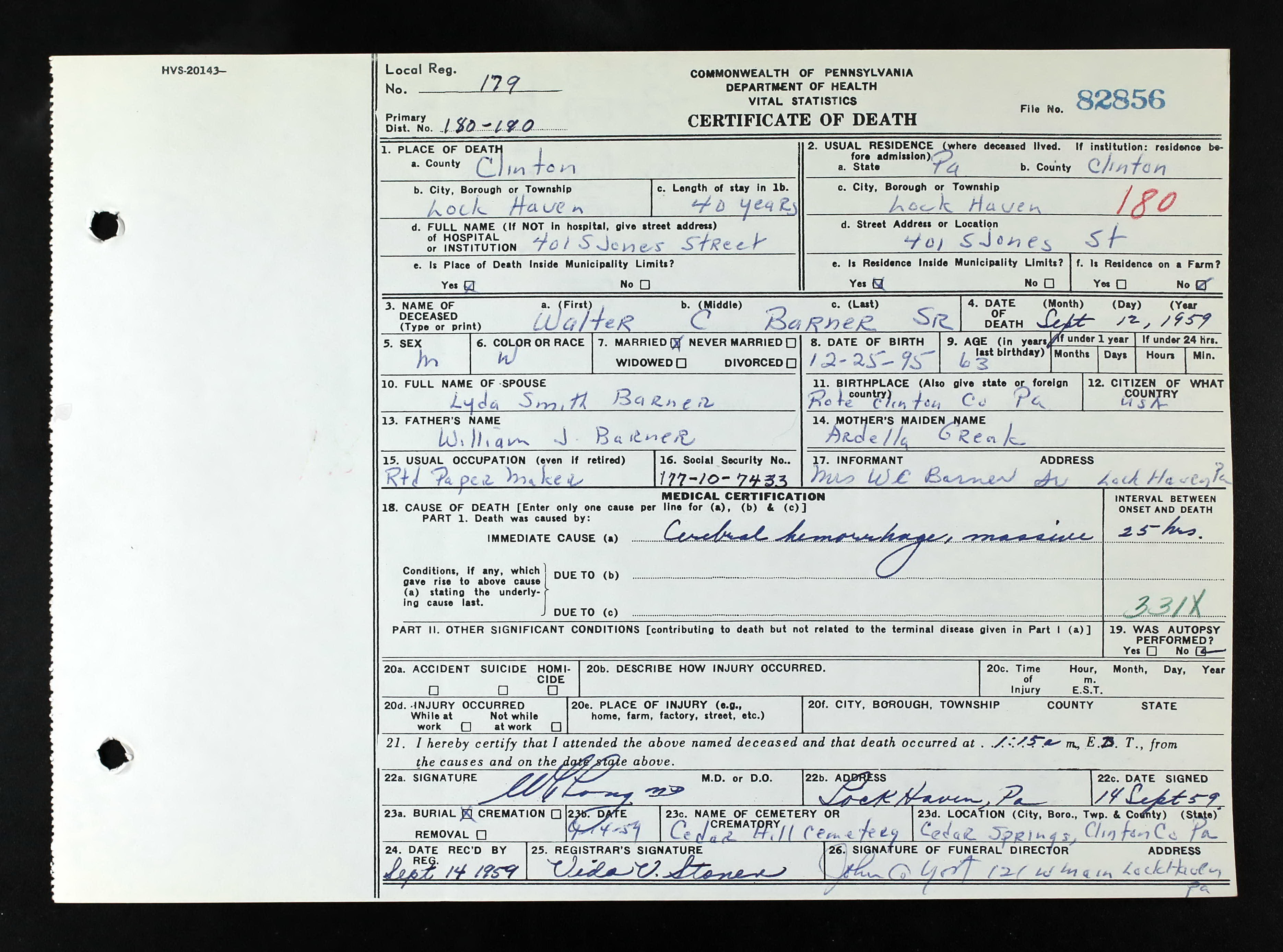 Walter Calvin Barner Death Cert