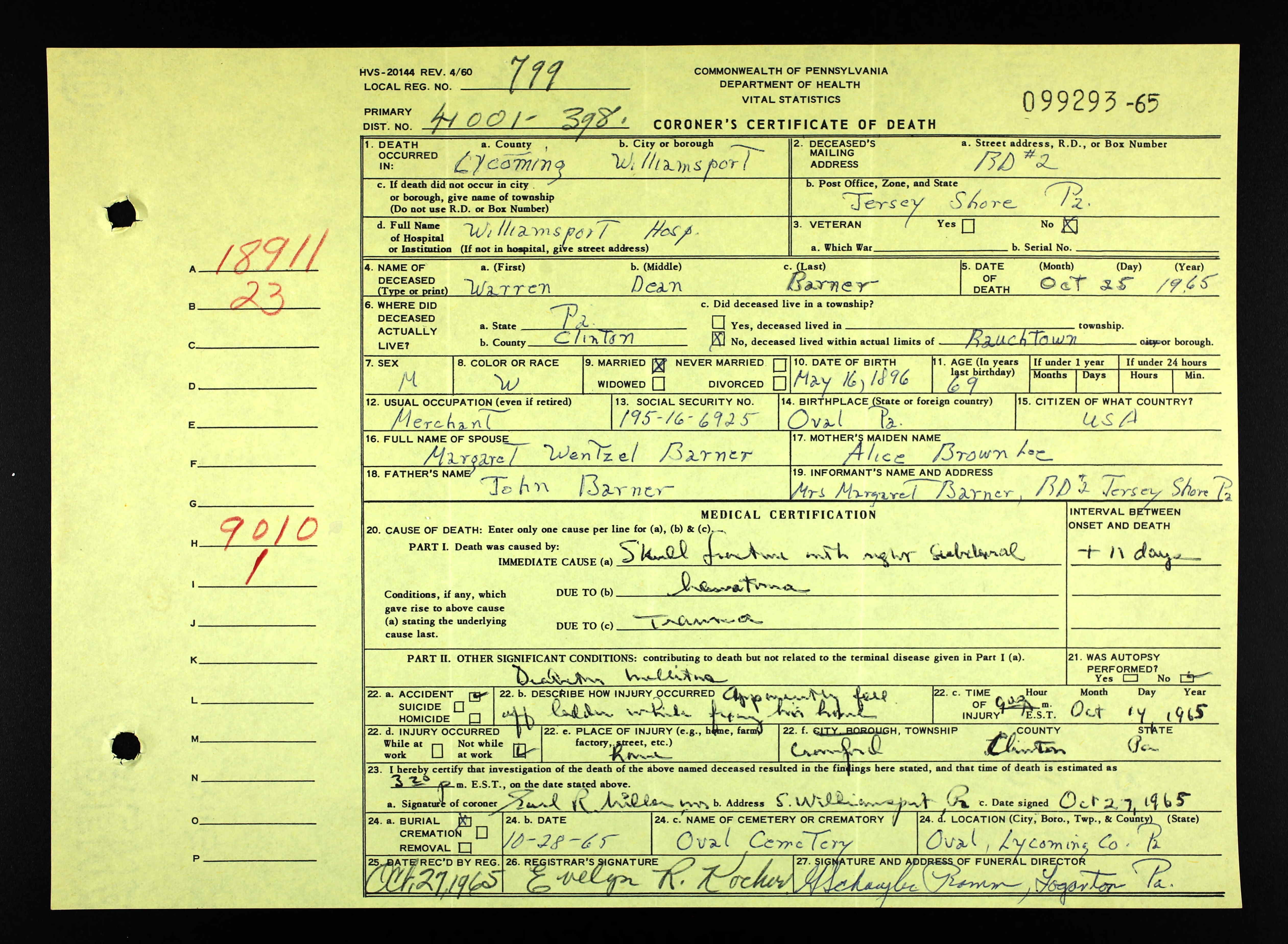 Warren Dean Barner,Death Certificate
