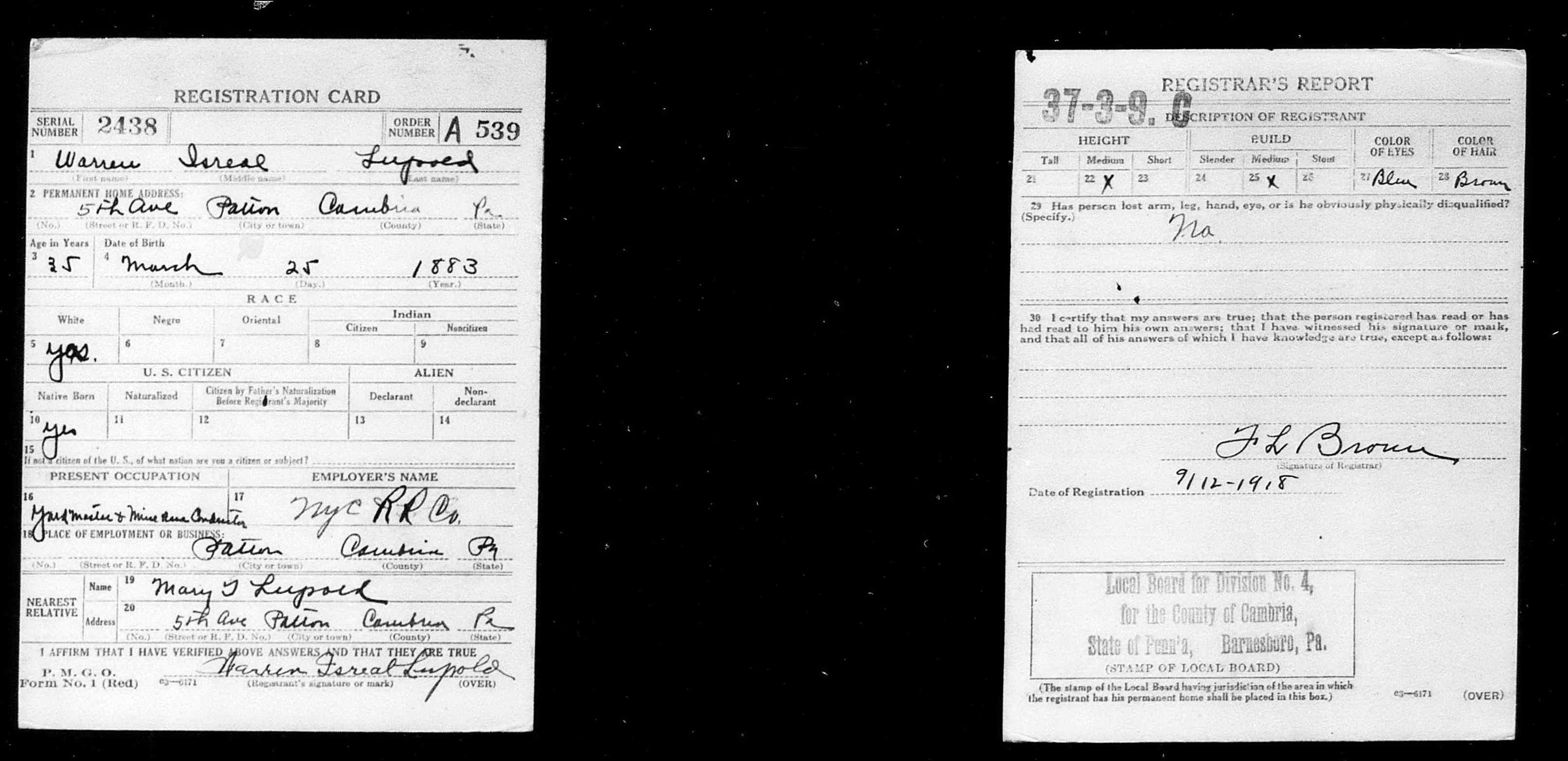 Warren Israel Lupold U.S., World War I Draft Registration Cards