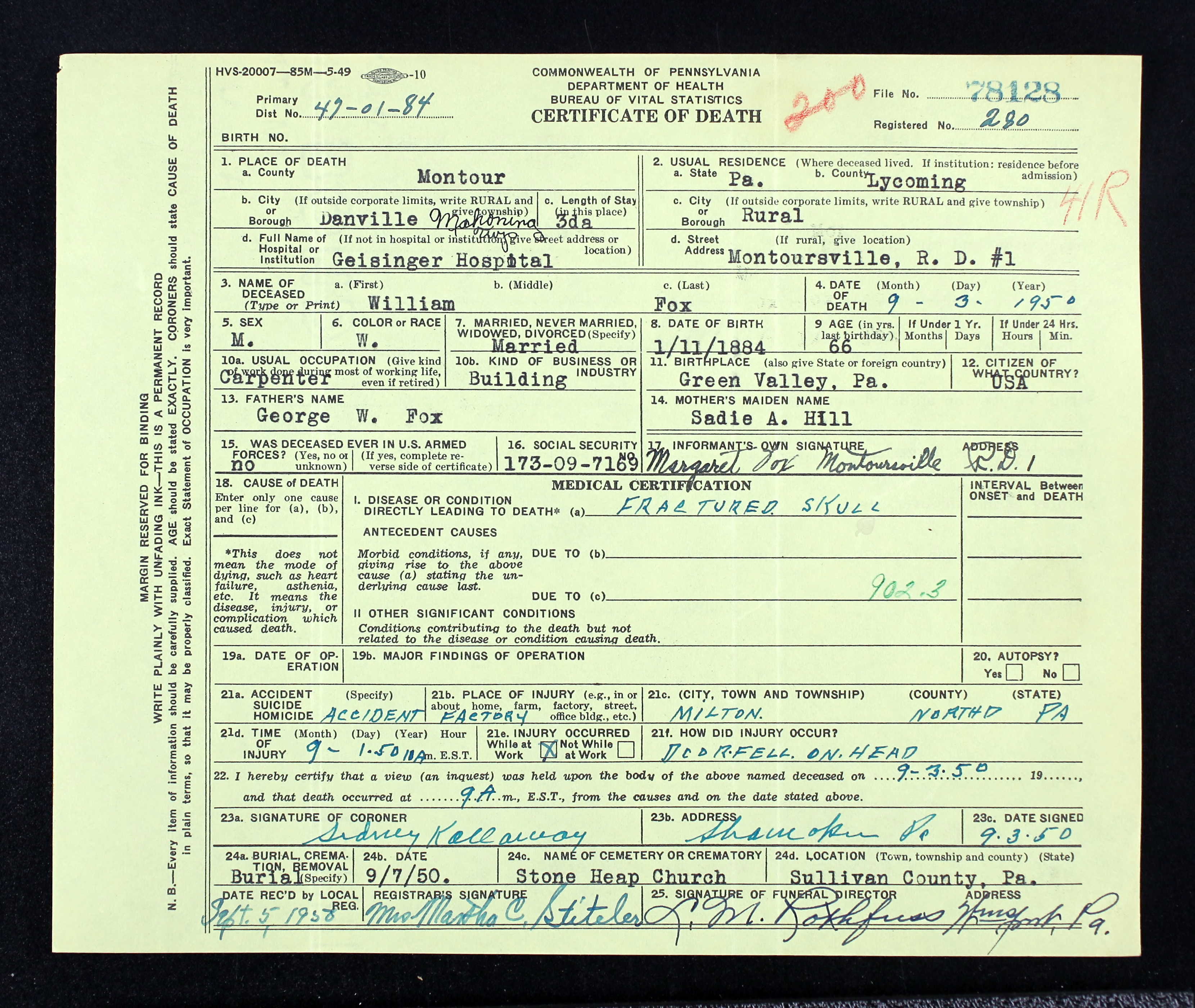 William Benjamin Fox, death certificate