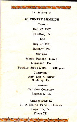 William Ernest Minnich funeral card