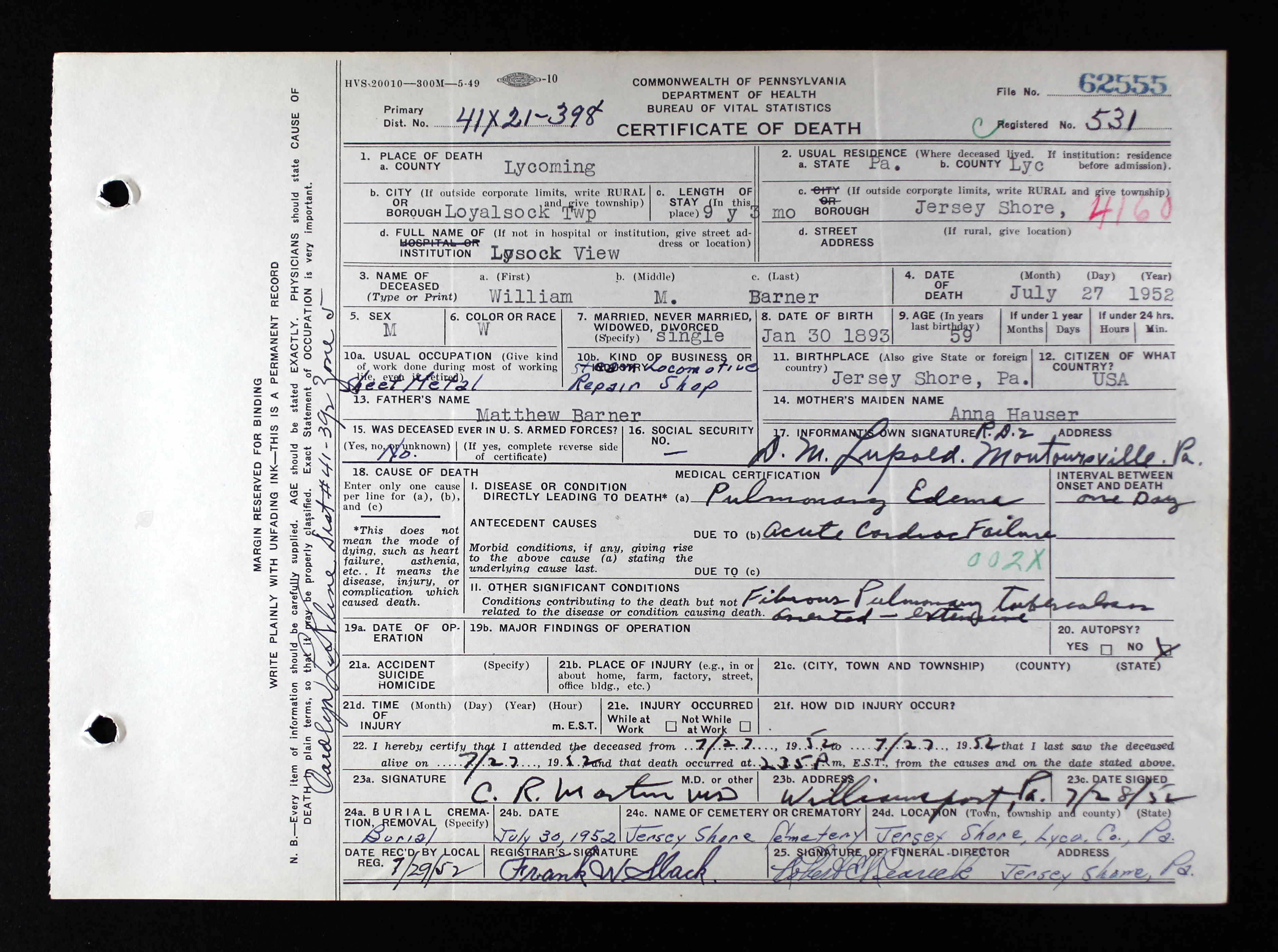 William Matthew Barner, Death Certificate