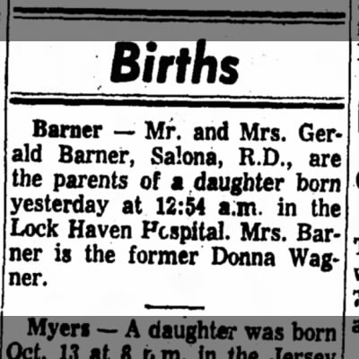 baby girl Barner for Donna Rae Wagner