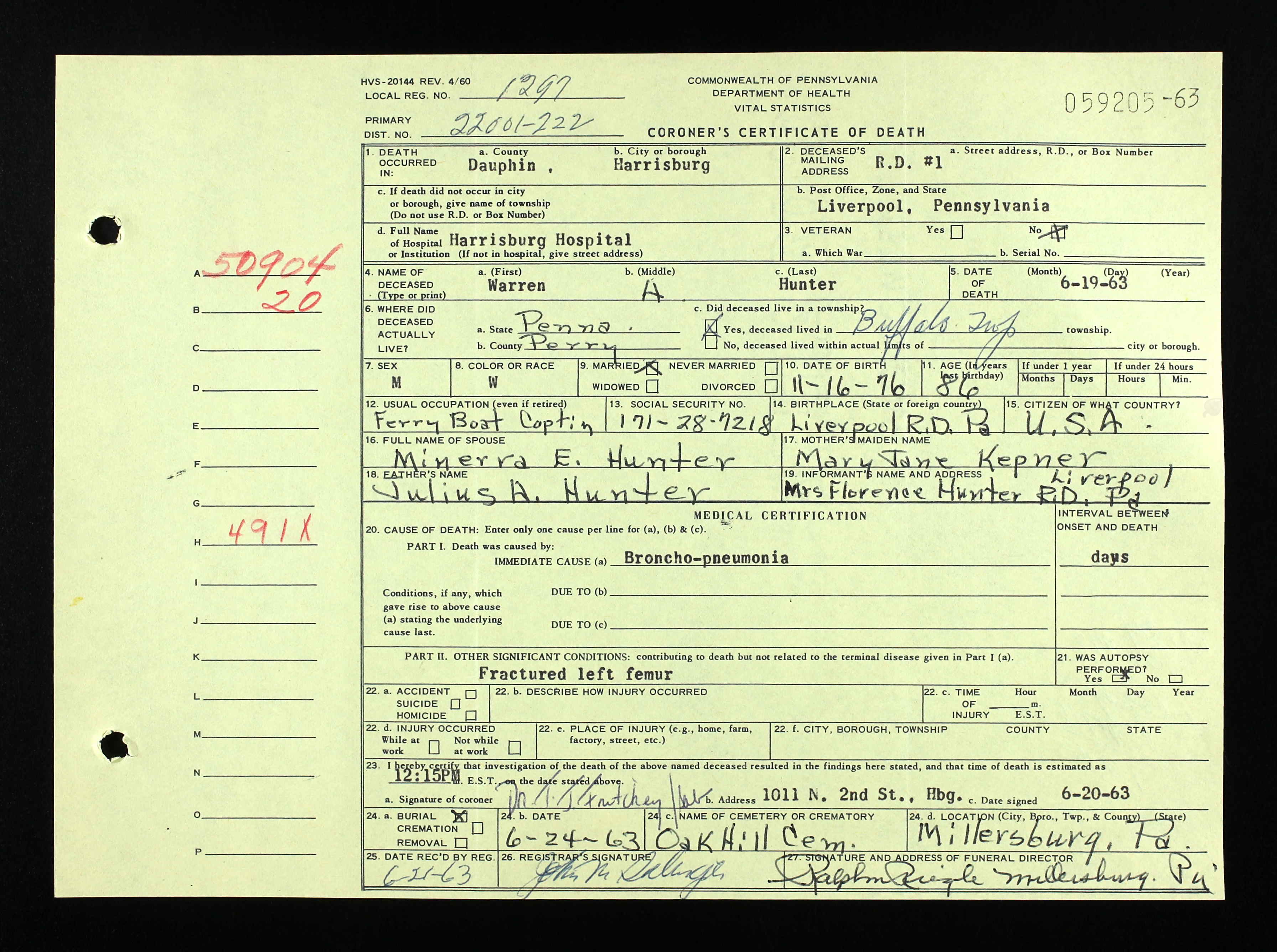 Warren A. Hunter, Death Certificate