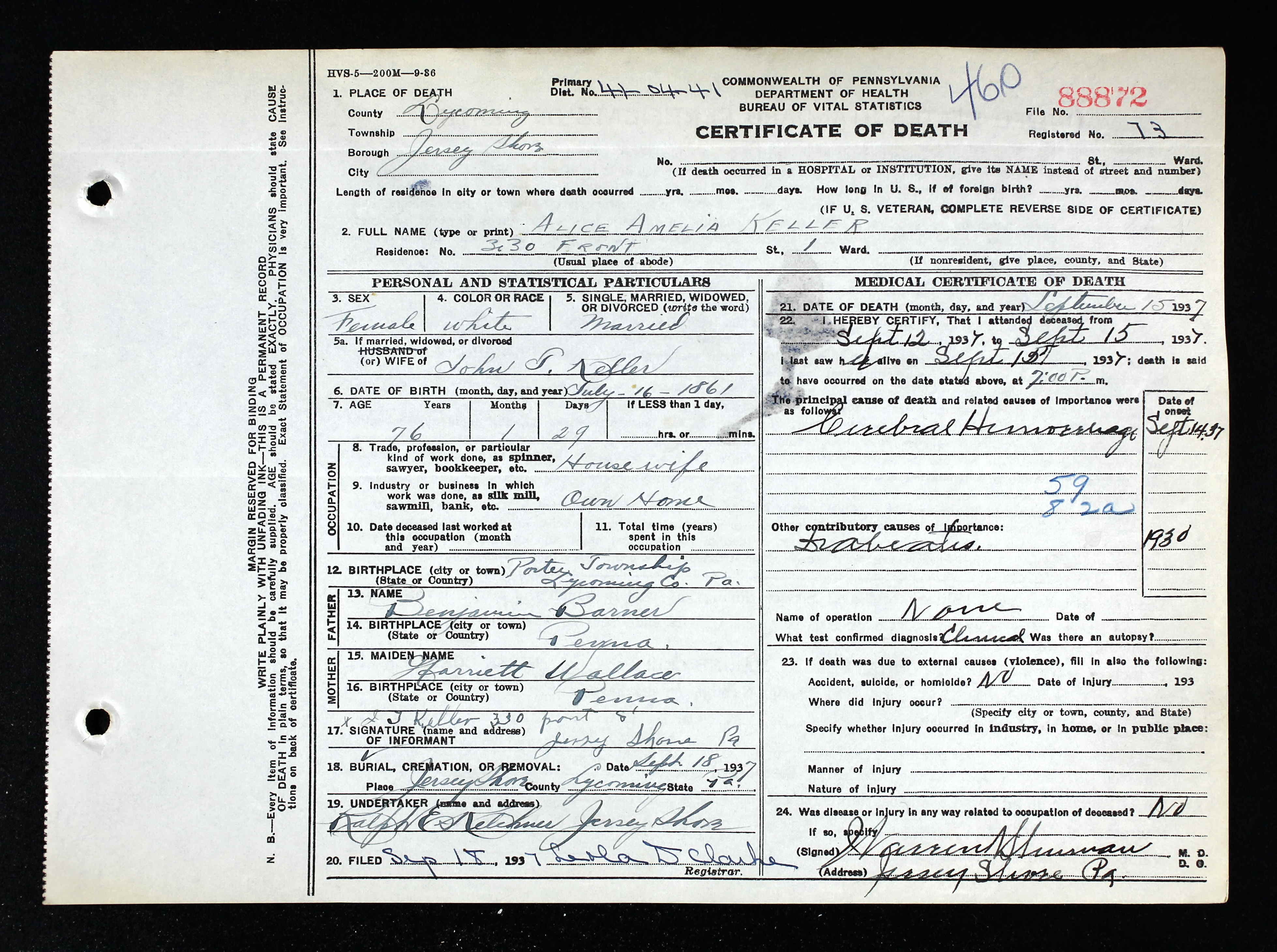 Alice Amelia Barner Keller, Death Certificate