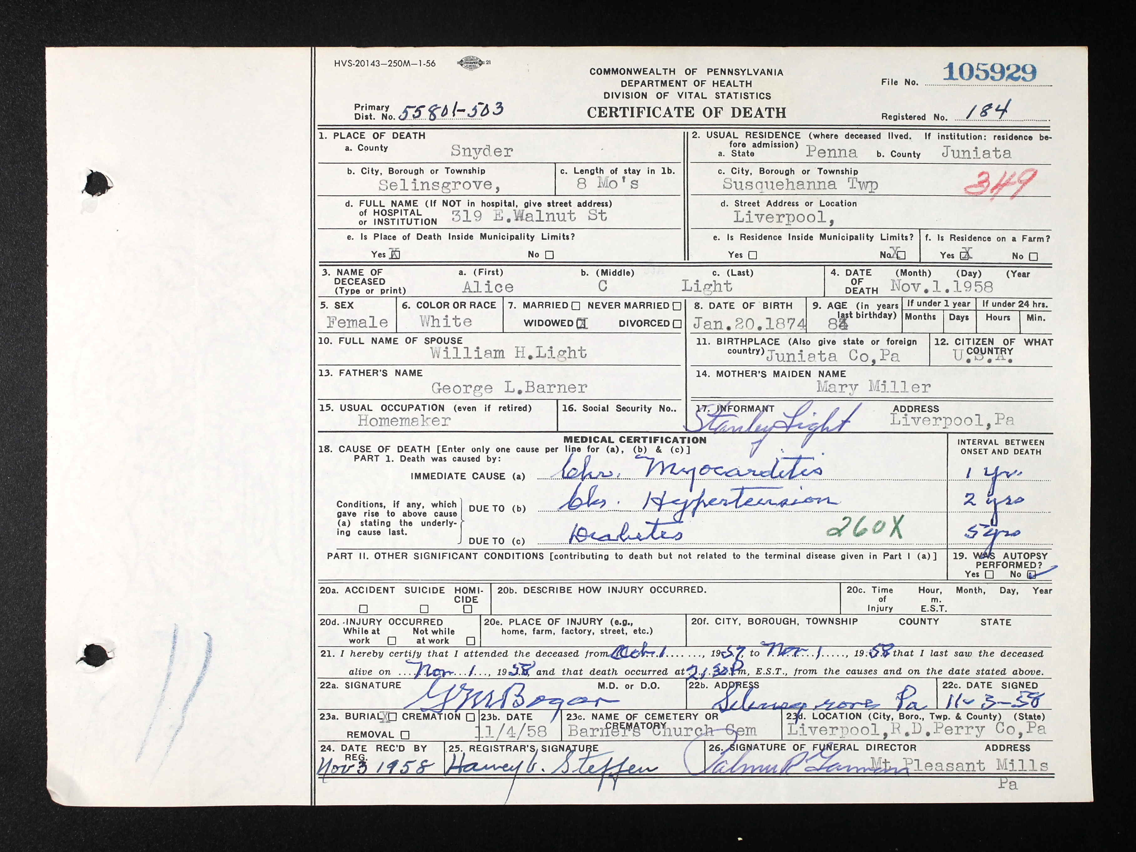 Alice Catherine Barner Light, Pennsylvania, Death Certificates, 1906-1966
