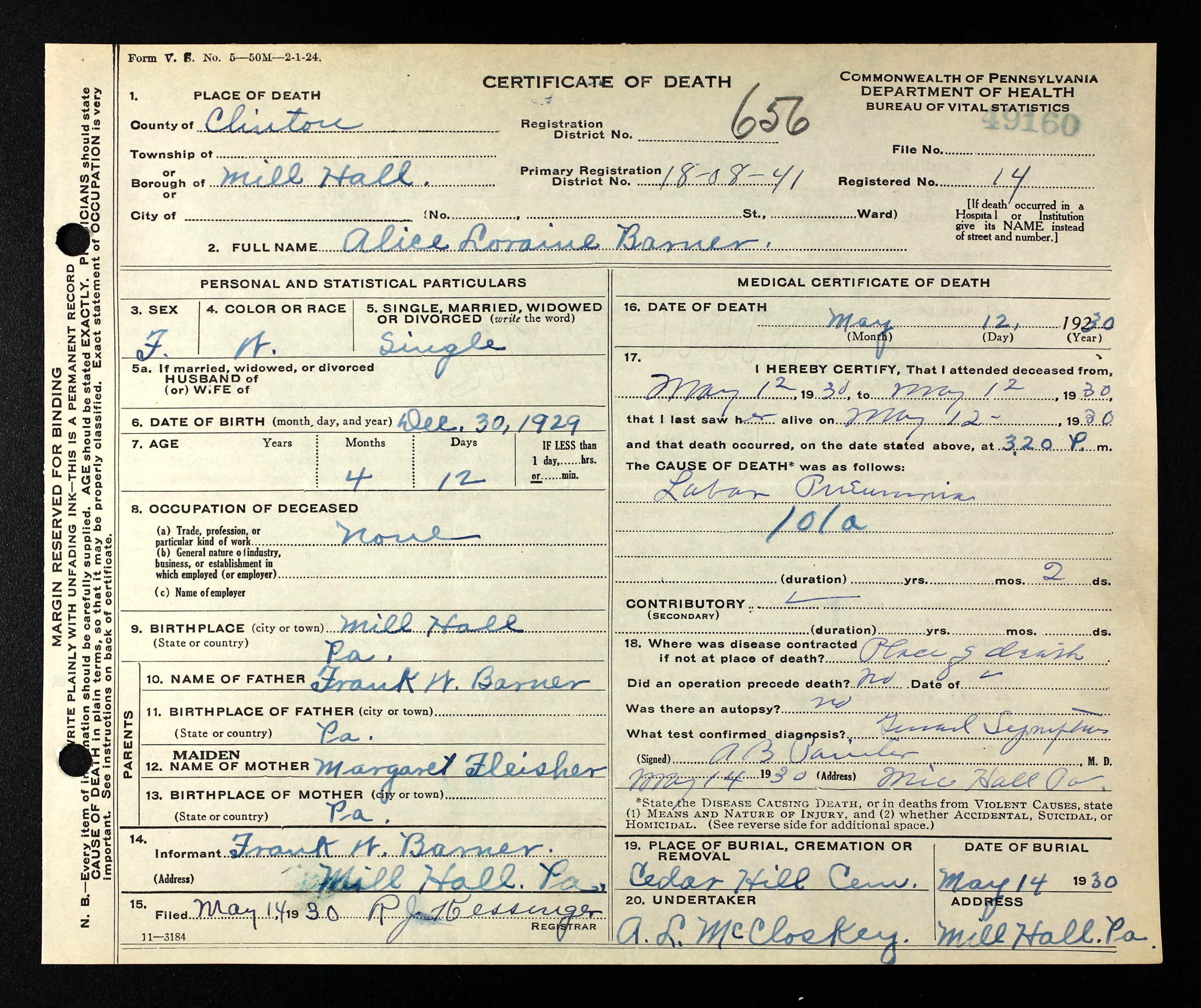 Alice Loraine Barner, Death Certificate
