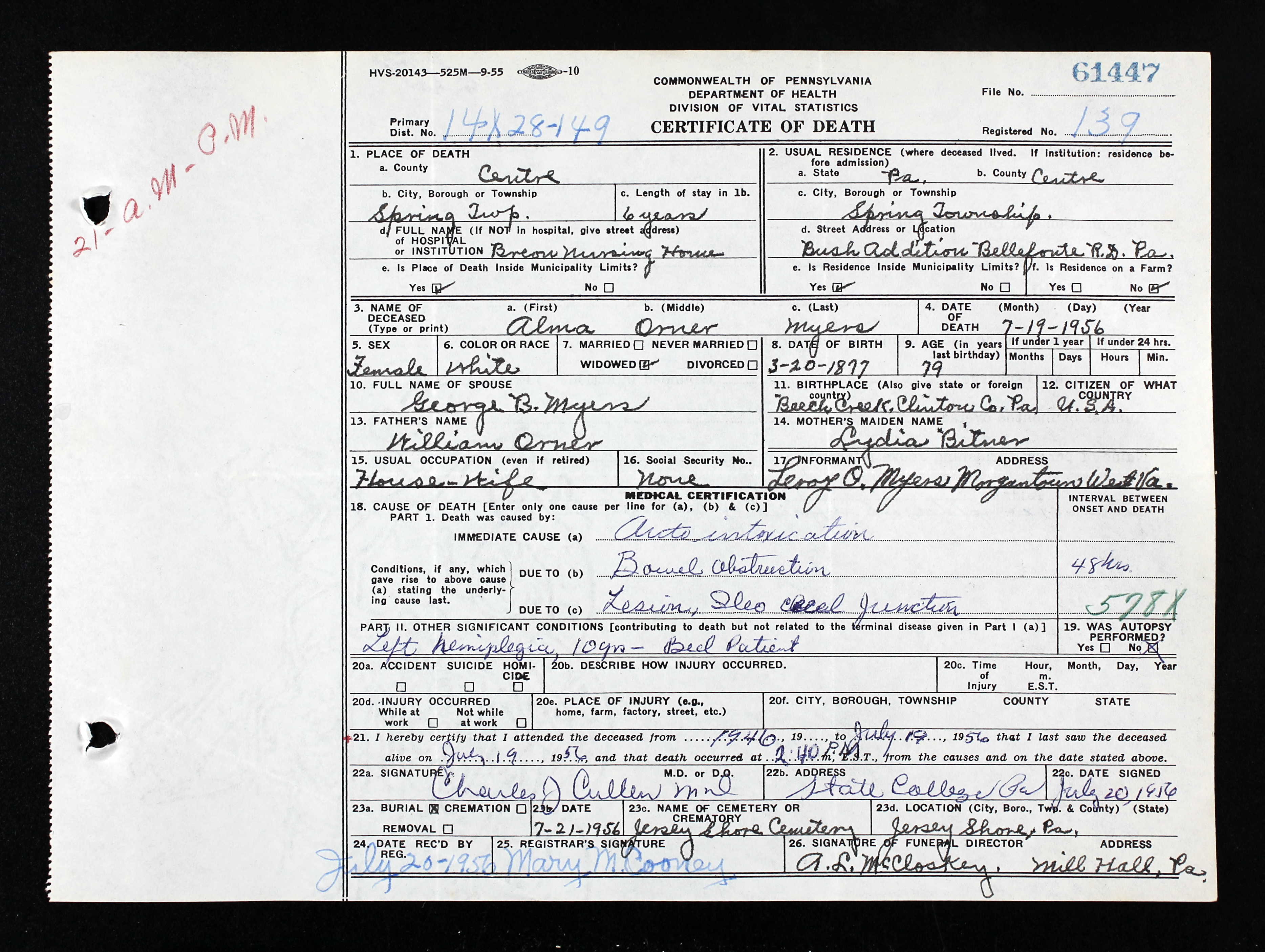 Alma S. Orner Myers death certificate